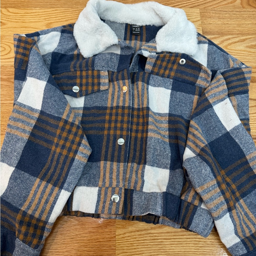 Plaid Jacket with Faux Fur Collar